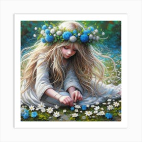 Little Girl With Blue Flowers Art Print