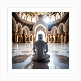 A 3d Dslr Photography Muslim Wearing Futuristic Digital Suit , Praying Towards Masjid Al Haram, House Of God Award Winning Photography From The Year 8045 Art Print