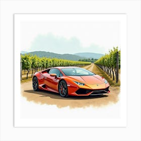 Lamborghini Huracán With A Watercolor Scenic Vineyard Backdrop 1 Art Print