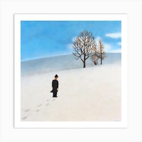 Snow Day Man In Snow With Barren Trees Art Print