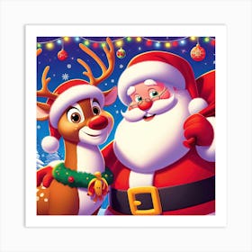 Santa Claus And A Reindeer Illustration 1 Art Print