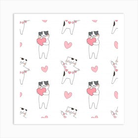 Seamless Pattern Cute Cat With Little Heart Hearts Art Print