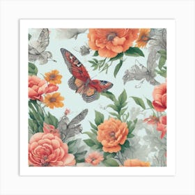 Butterfly And Flowers Art Print