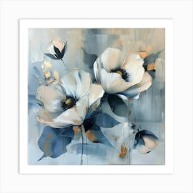 Abstract Painting Of Two Large White Poppies With Blue Grey Leaves And Gold Accents On A Light Blue Background Art Print