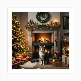 Christmas Cat In Front Of Fireplace Art Print