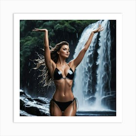 Beautiful Woman In Bikini In Front Of Waterfall yuh Art Print