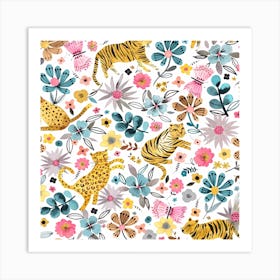 Spring Tigers Flowers Pink Blue Square Art Print