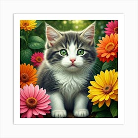 Cat With Flowers Art Print