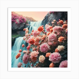 Waterfall With Pink Roses 1 Art Print