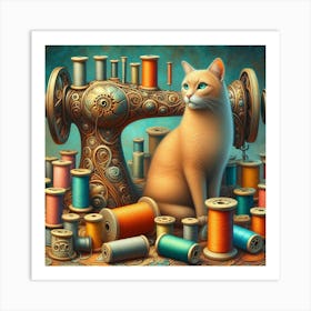 Cat and spools of thread 1 Art Print