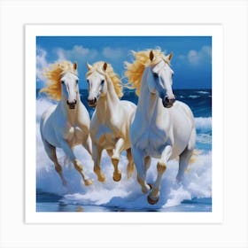 Three White Horses Running On The Beach Art Print