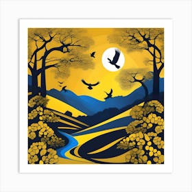 Blue and Yellow Landscape With Trees Art Print