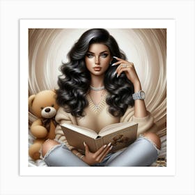 Girl Reading Teddy Bear Art Print