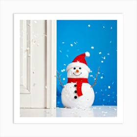 Snowman With Glittery Silver Sequin Decorations Peeking From Behind A Vibrant White Wall Its Friend Art Print