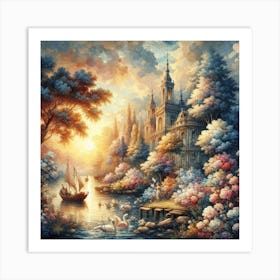 A wonderful painting of a castle with the sea and sailboats next to it 4 Art Print