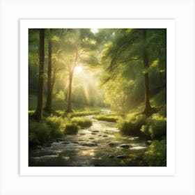 A captivating scene of a lush green forest with golden sunlight filtering through the trees. The leaves are gently swaying in the breeze, and a stream flows with sparkling water, reflecting the light. The atmosphere should be peaceful and serene 3 Art Print