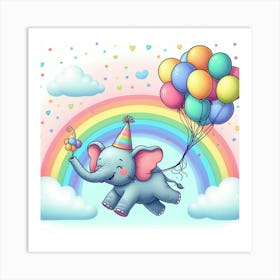 Elephant With Balloons And Rainbow Art Print