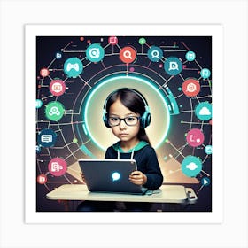 Young Girl Using A Laptop 2 Art Print