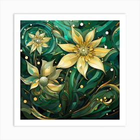 Abstract Gold Flowers On Green Background Art Print