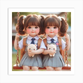 Two School Girls On A Swing Art Print