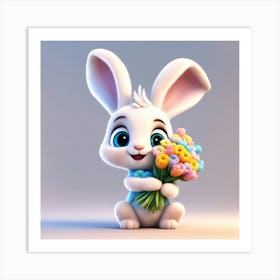 Cartoon Bunny With Flowers Art Print