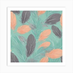 Grey and Peach Feathers on Light Green Background Art Print