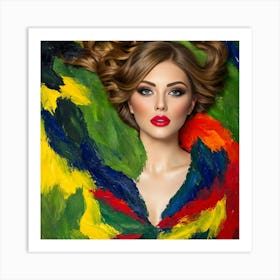 Beautiful Woman With Colorful Feathers 1 Art Print