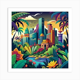 A Vibrant Cityscape With A Twist Incorporate Tropical Art Print