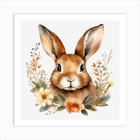 Watercolor Bunny With Flowers Art Print