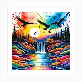 Waterfall With Birds Art Print