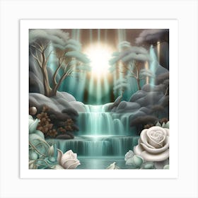 Waterfall And Roses In The Forest Art Print