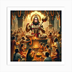 An Image Celebrating Hanuman Jayanti, Showcasing A Temple Scene Dedicated To Lord Hanuman Art Print