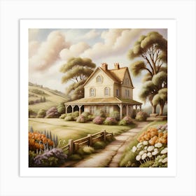 Blooming Flower Paradise Charming House In A Field Art Print