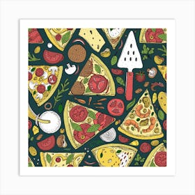 Vector Seamless Pizza Slice Pattern Hand Drawn Pizza Illustration Great Pizzeria Menu Background Art Print