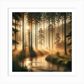 Tranquil Forest At Dawn Wall Art Misty Morning With Sunlight And River Reflections, Perfect For Nature Lovers And Calm Spaces Print Art Art Print