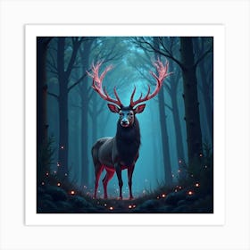 A Majestic Stag With Antlers Of Radiant, Bioluminescent Patterns Standing In A Surreal Forest 1 Art Print