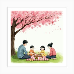 A Peaceful Scene Of A Japanese Family Enjoying A Picnic Under Cherry Blossoms, Watercolor Painting Art Print