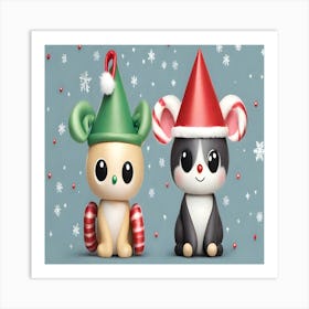 Two Mice In Christmas Hats Art Print