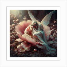 Fairy On A Flower, An ethereal artwork depicting a solitary fairy with translucent wings seated in a giant pink flower amidst a mystical garden, classic art Art Print