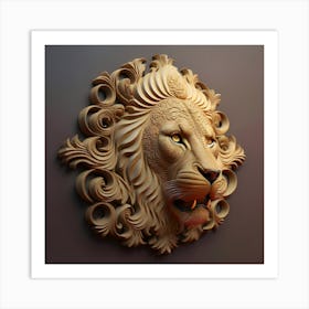 Lion in 3D view with decorative patterns crafted on leather surfaces. Art Print