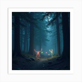 A Dark Forest With Glowing Mystical Creatures Watching 1 Art Print