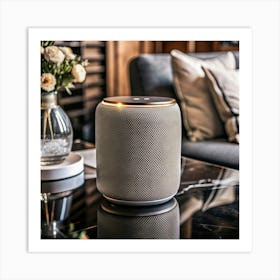 Grey Smart Speaker With Golden Accent On Glass Table Art Print