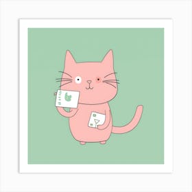 Pink Cat Holding Cards Art Print