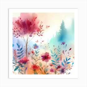 Watercolor Flowers And Trees 1 Art Print