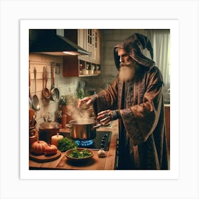 Wizard cooking a meal in a cozy modern kitchen Art Print