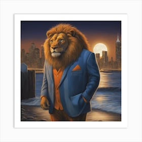 Lion In Beach Suit At Night, Downtown New York, By Vladimir Loz, In The Style Of Surrealistic Elemen (1) Art Print