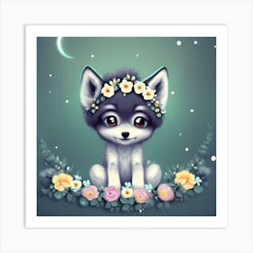 Cute Baby Wolf With Flower Crown Art Print