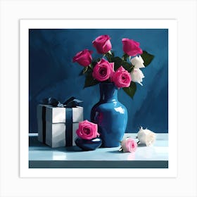 Pink & White Roses with Gift Box Art Print