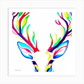 Grown Deer With Majestic Antlers In A Blurred Color Illustration Art Print