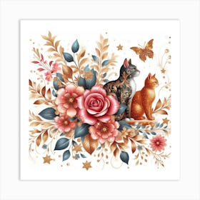 Cats And Flowers Art Print